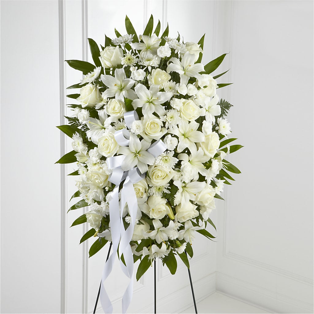 Exquisite Tribute Standing Spray-White Ribbon – JARDIN D'ETE, Markham ON