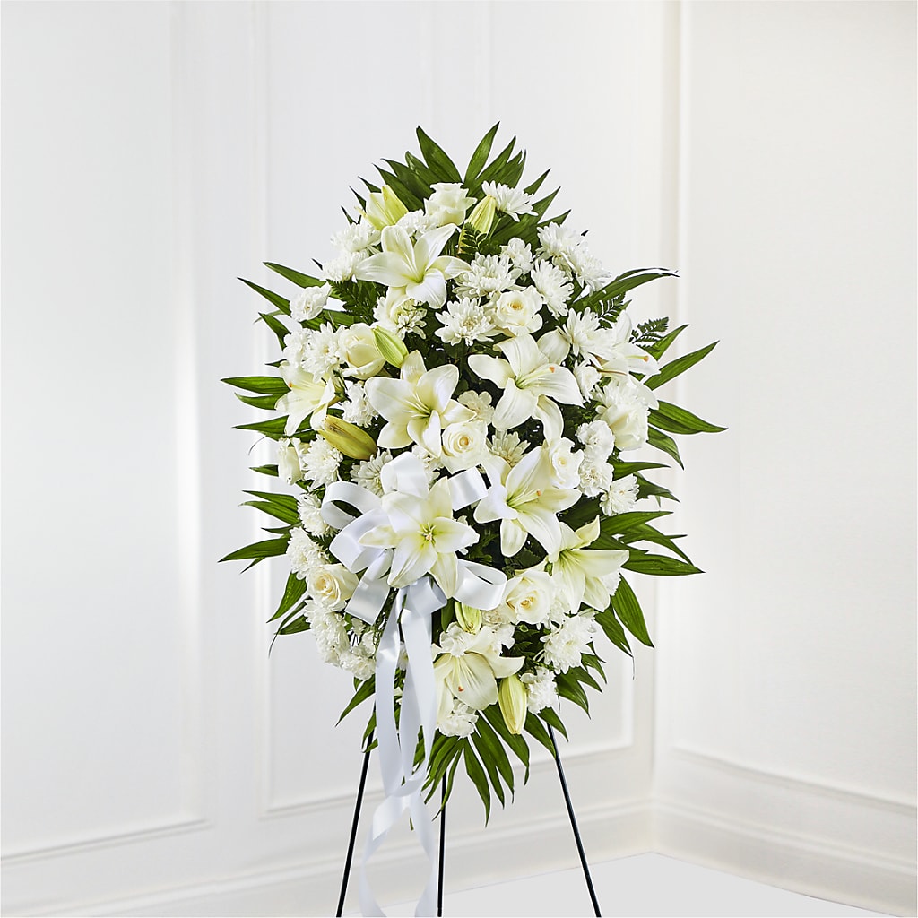 Exquisite Tribute Standing Spray-White Ribbon – JARDIN D'ETE, Markham ON